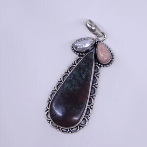 Sterling Silver Pendant with Charoite, Pearl, and Rhodonite on 20” Chain